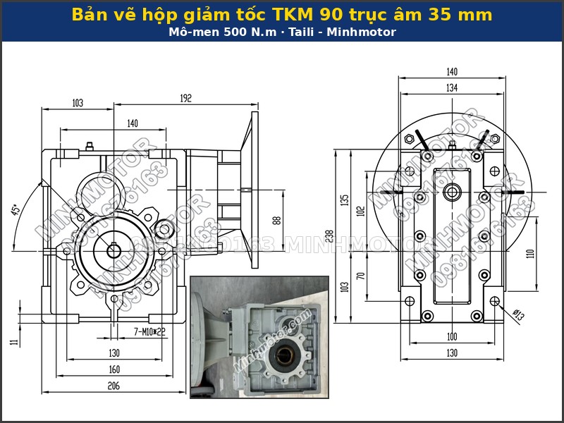 Bản vẽ kích thước hộp giảm tốc TKM 90 trục âm 35 mm