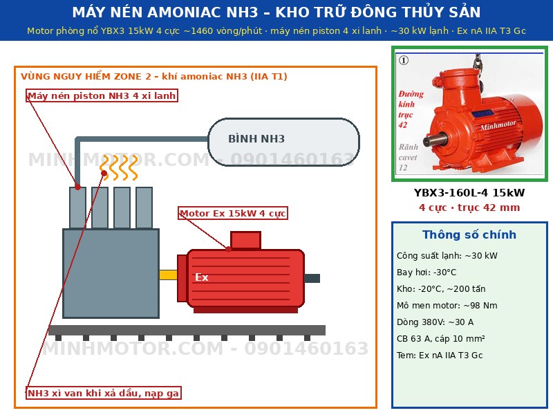 máy nén amoniac NH3 kho trữ đông thủy sản dùng motor phòng nổ 15kW 4 cực Ex nA IIA T3