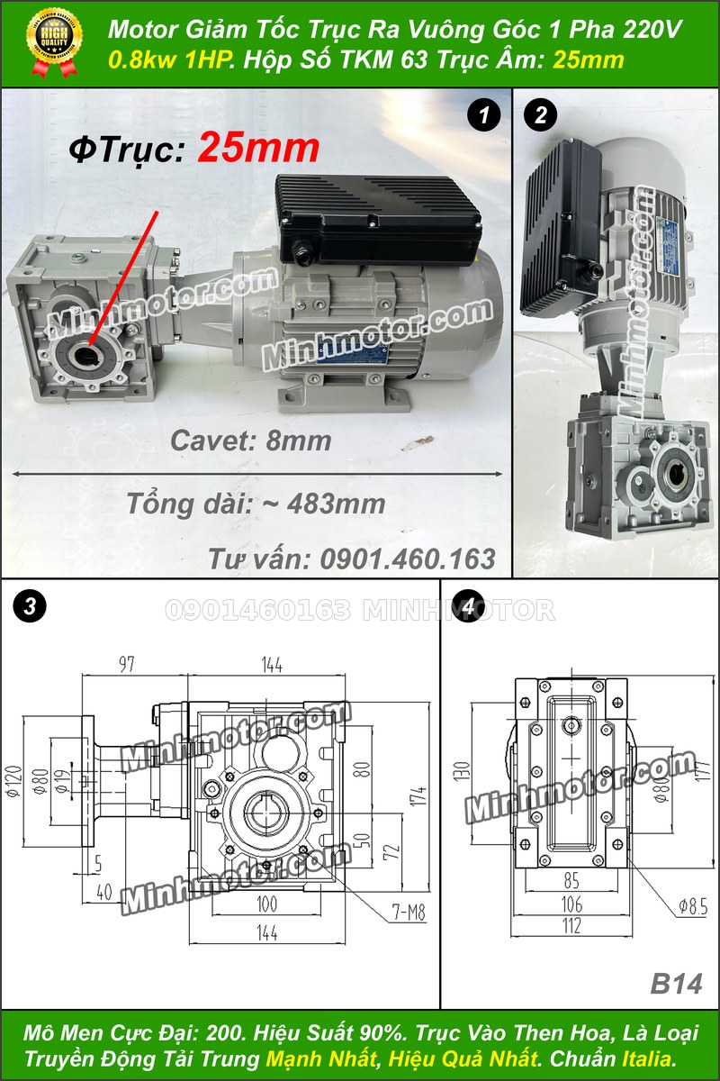 Motor giảm tốc TKM 63 1 pha 220V 0,75 kW trục &acirc;m 25 mm