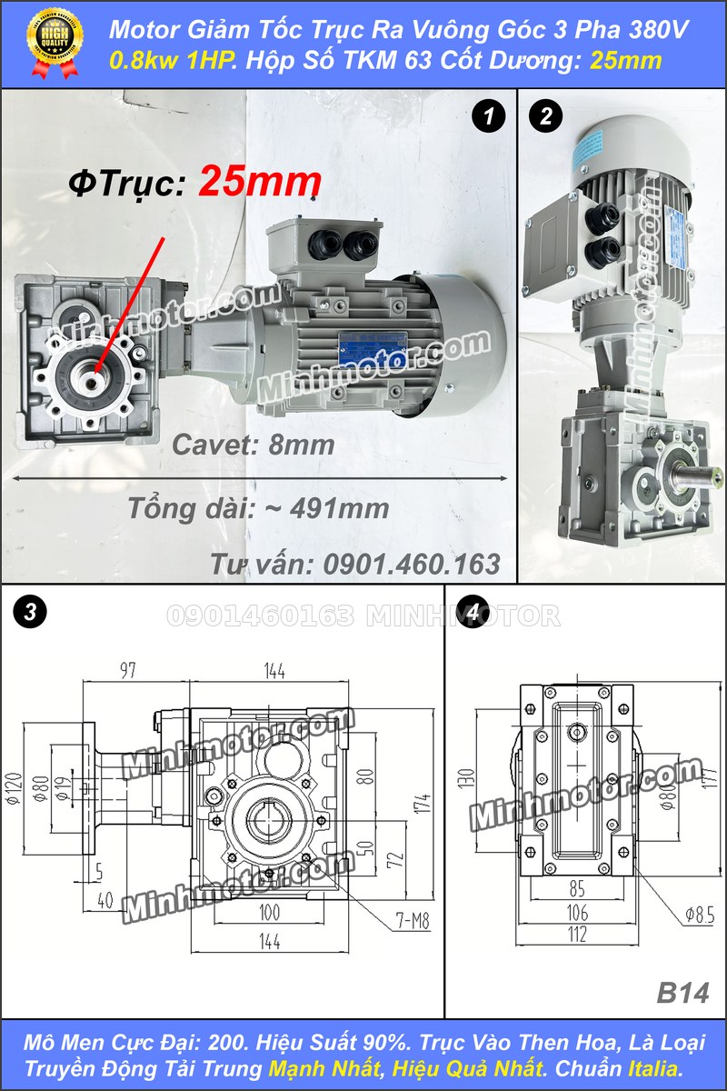 Motor giảm tốc TKM 63 0,75 kW trục dương 25 mm