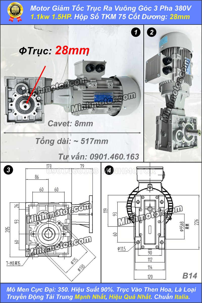 Motor giảm tốc TKM 75 1,1 kW trục dương 28 mm