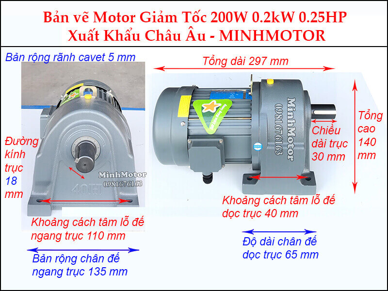 Động cơ giảm tốc 0.25Hp 0.2Kw chân đế trục 18