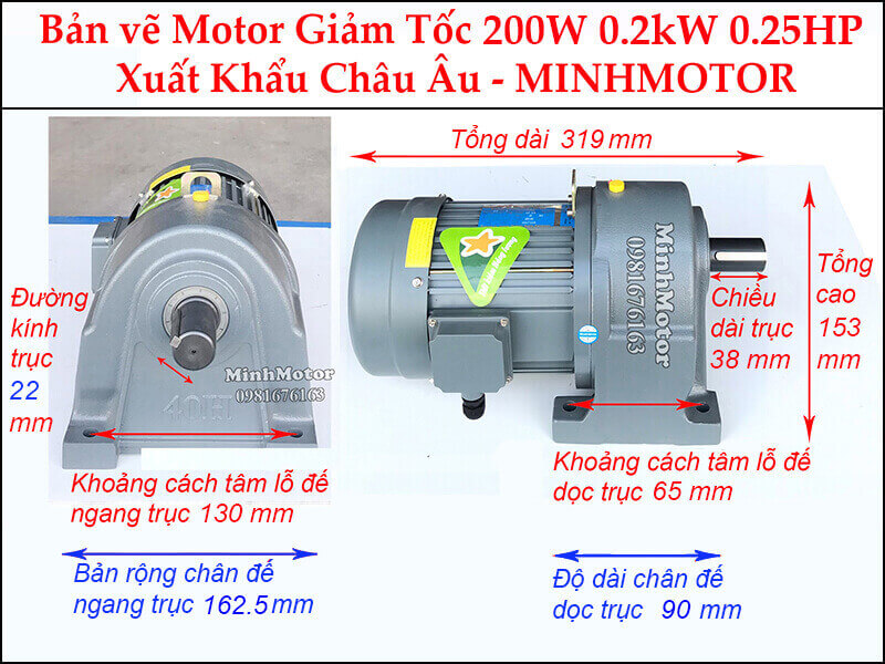 Động cơ giảm tốc 0.25Hp 0.2Kw chân đế trục 22