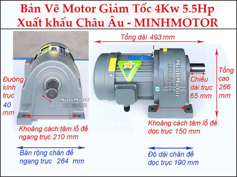 Động cơ giảm tốc 4Kw 5.5Hp chân đế trục 40