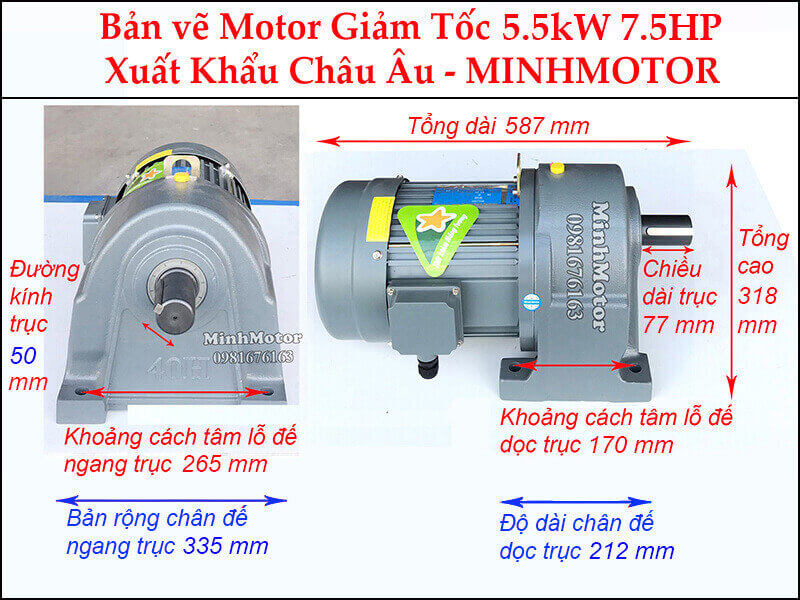Kích thước động cơ giảm tốc 5.5Kw chân đế (7.5Hp)