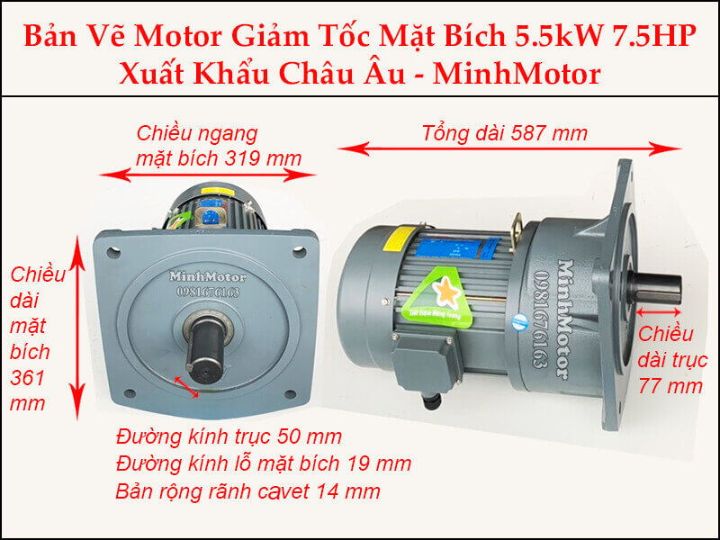 Thông số motor giảm tốc 5.5Kw mặt bích (7.5Hp)