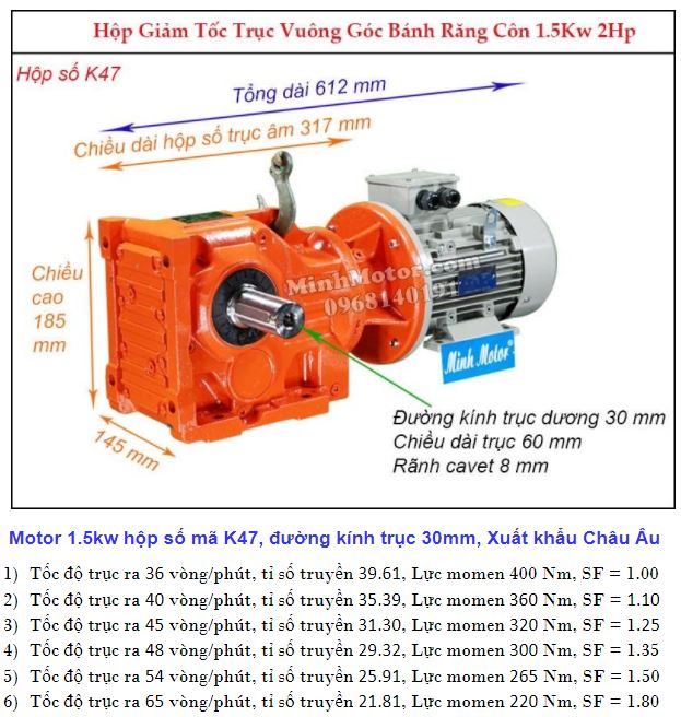 Động cơ giảm tốc 2Hp 1.5Kw cốt ra 90 độ tải nặng K47