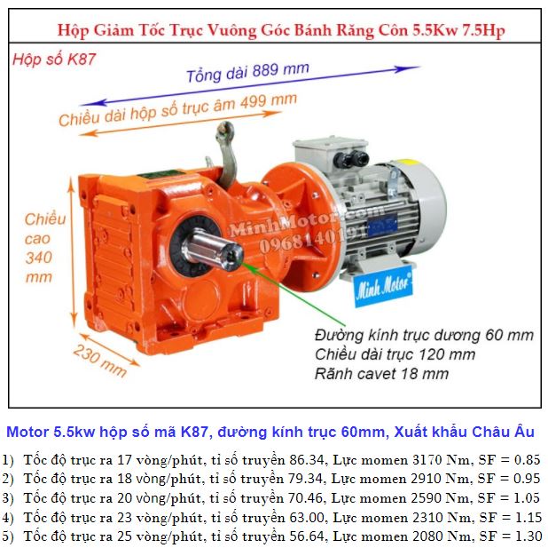 Động cơ giảm tốc 5.5Kw trục ra 90 độ (7.5Hp) K87