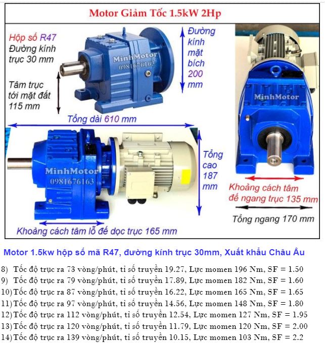 Motor giảm tốc 2Hp 1.5Kw trục ra thẳng R47