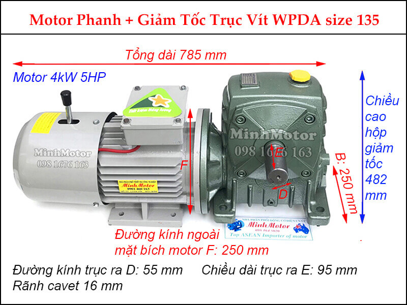 Motor phanh 4Kw 5.5Hp liền hộp giảm tốc trục vuông góc WPDA
