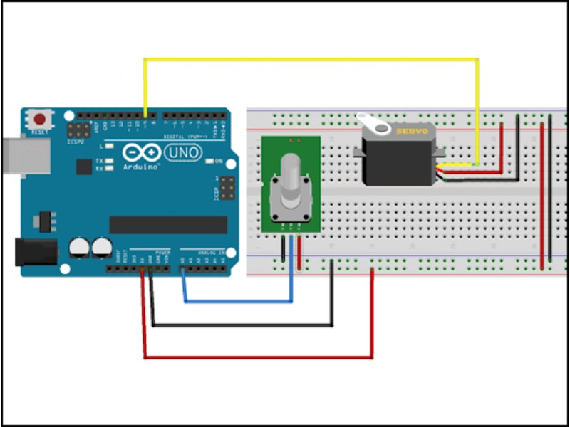 Sơ đồ đấu mạch điều khiển servo bằng biến trở với bo Arduino Uno trên breadboard