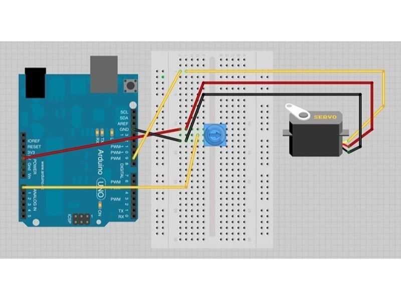 Sơ đồ đấu nối điều khiển động cơ servo bằng Arduino Uno với biến trở tr&ecirc;n breadboard