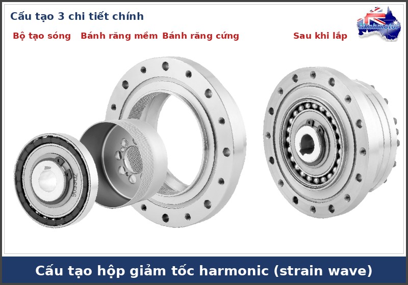 Cấu tạo hộp giảm tốc harmonic gồm bộ tạo s&oacute;ng, b&aacute;nh răng mềm, b&aacute;nh răng cứng