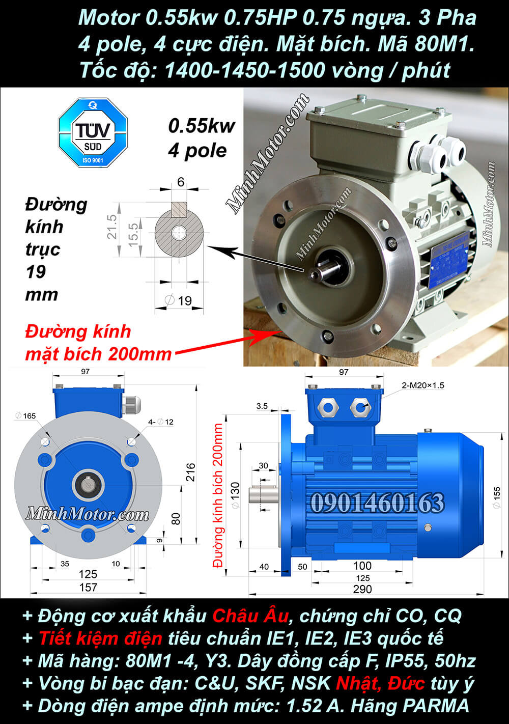 Bản vẽ motor mặt bích 0.55kW 0.75HP 0.75 Ngựa 4 Cực
