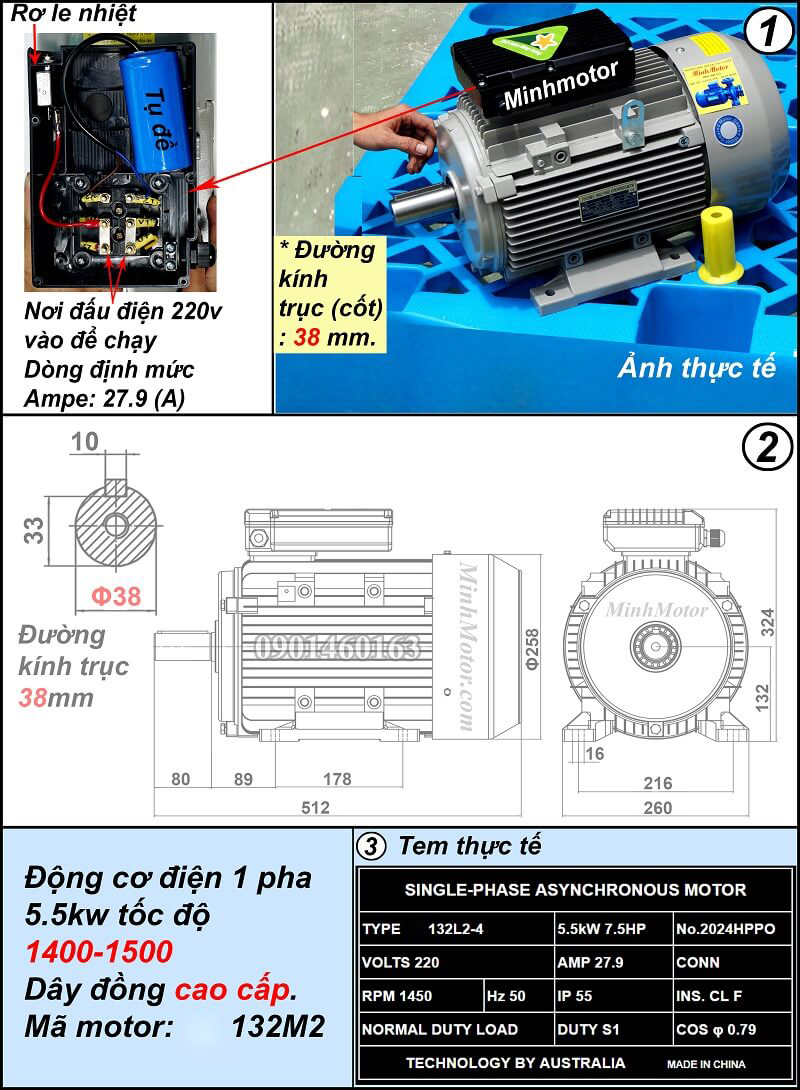 Thông số kỹ thuật motor 1 pha 5.5Kw 220v