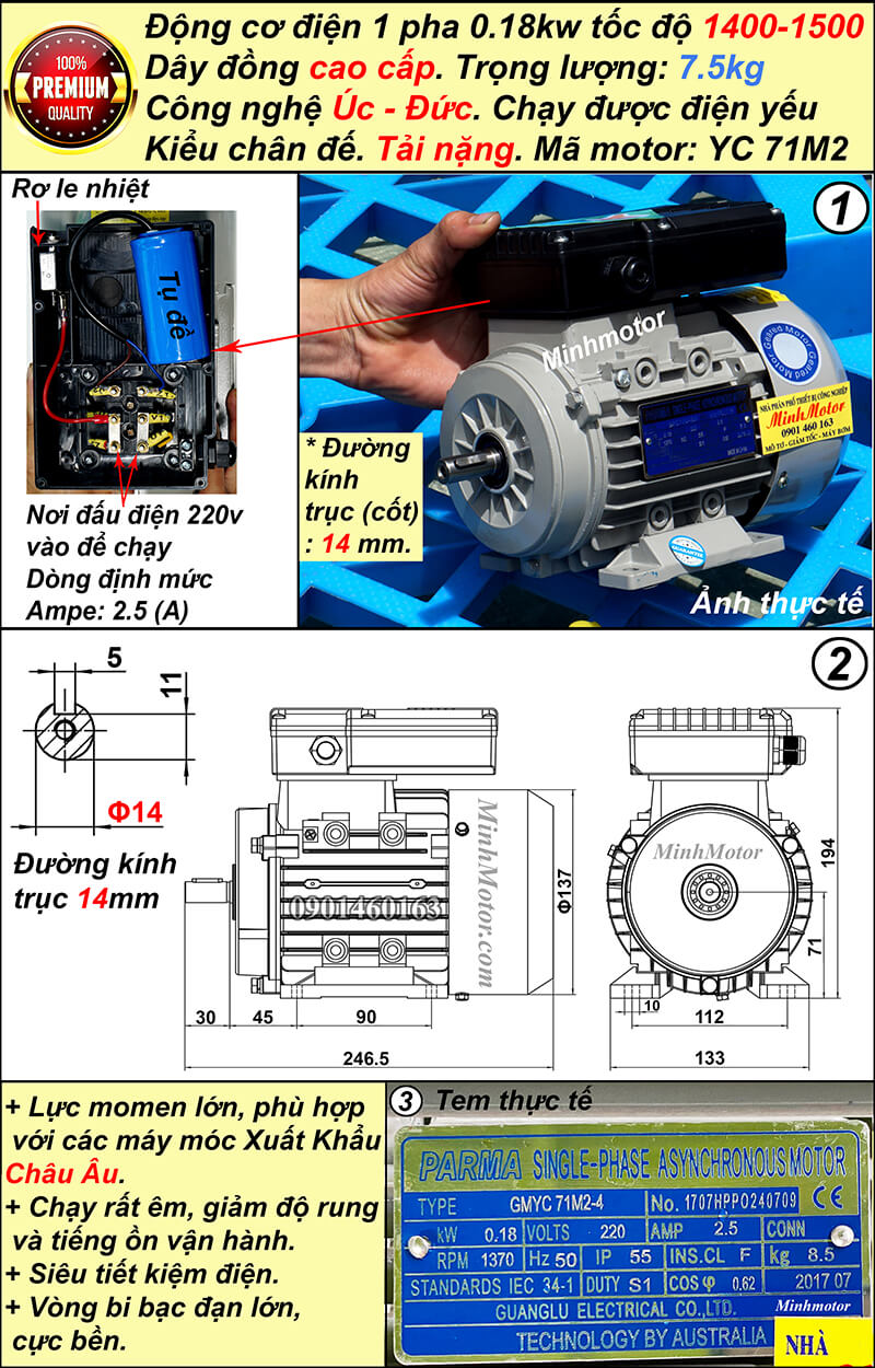 Motor điện 1 pha 0.25hp 0.18kw YC tải nặng 4 cực chân đế