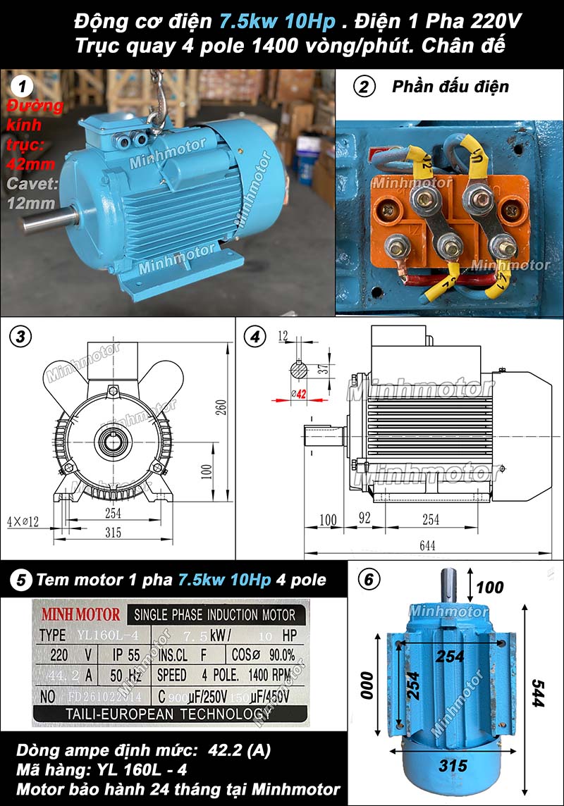 Thông số kỹ thuật motor 1 pha 7.5Kw 220v