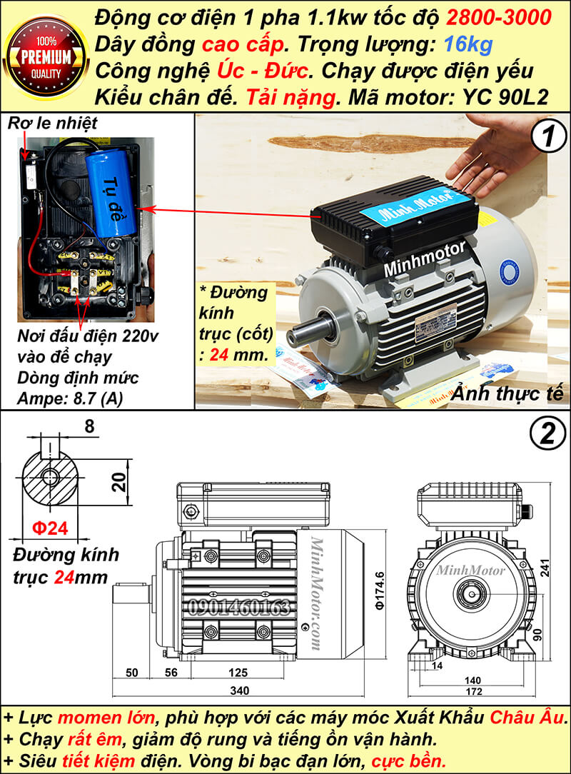 Motor 1.1kw 1 pha YC tải nặng nhanh tua chân đế