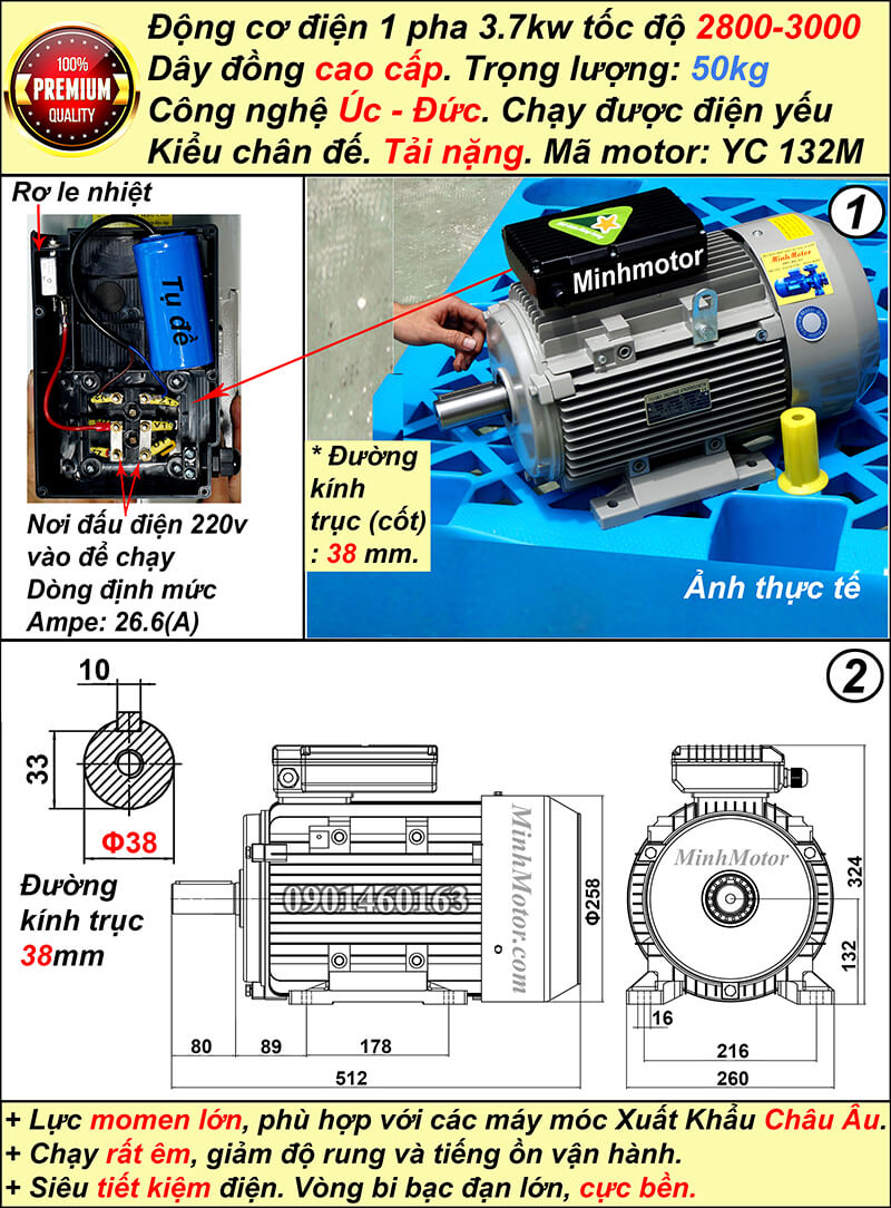Motor 1 pha 3.7kw 5hp YC tải nặng nhanh tua chân đế