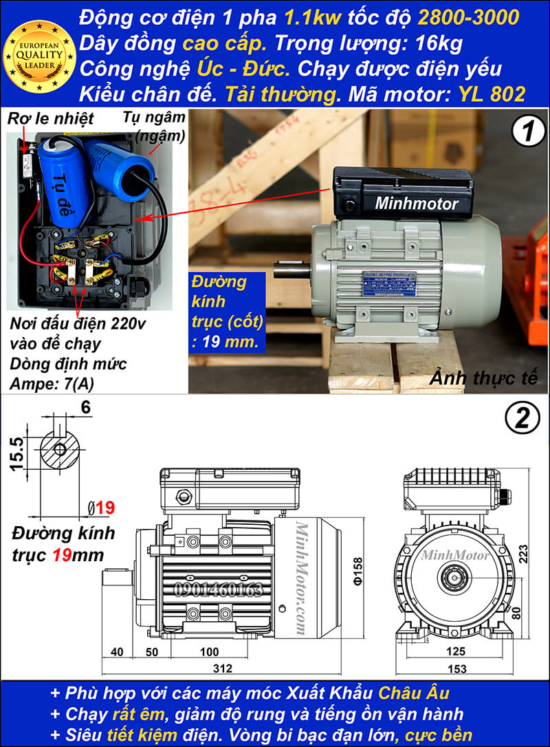 Motor 1.1kw 1 pha 1.5hp YL tải thường tua nhanh 2 cực chân đế