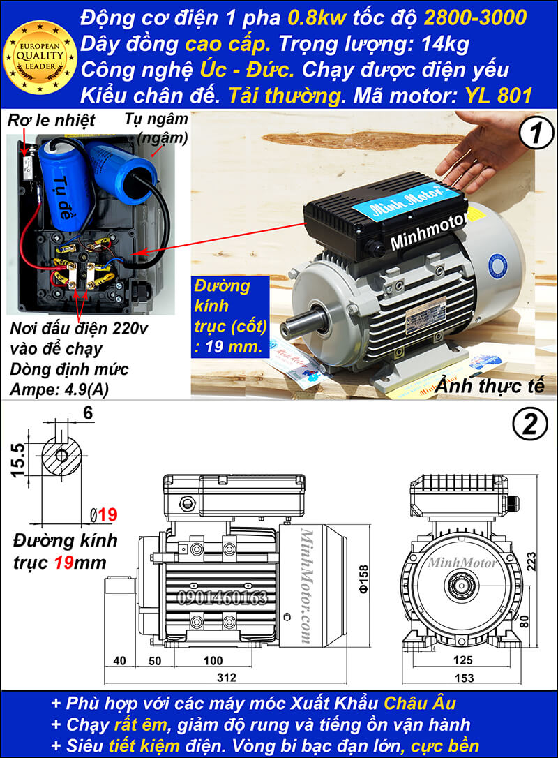 Motor 220v 0.75kw 1HP YL tải thường 2 cực chân đế