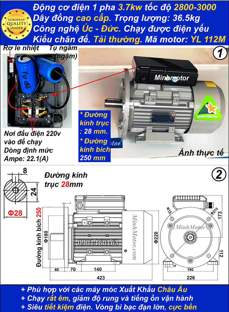 Kích thước motor 1 pha 5hp 3.7kw YL tải thường 2 cực bích