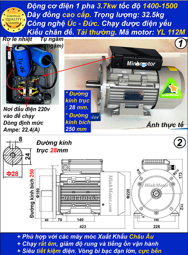 Motor 220v 5hp 3.7kw 220v YL tải thường 4 Pole bích