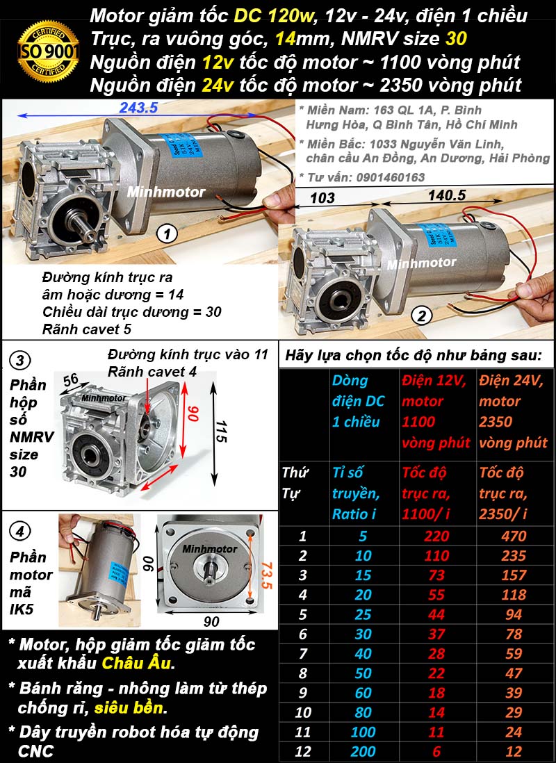 Motor DC 120w 12v 24v trục vuông góc, NMRV30