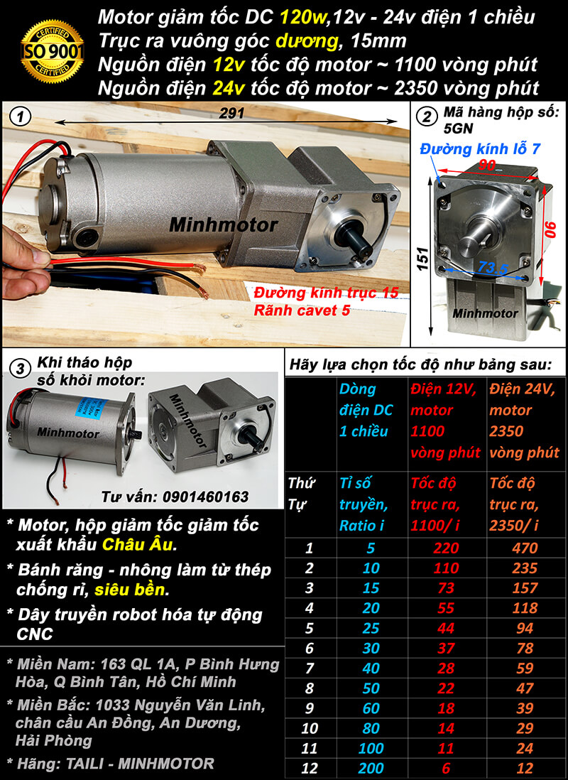 Motor DC 120w trục vuông góc cốt dương