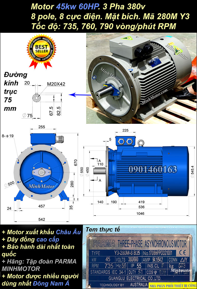 Motor điện 60Hp 45kw 8pole mặt bích