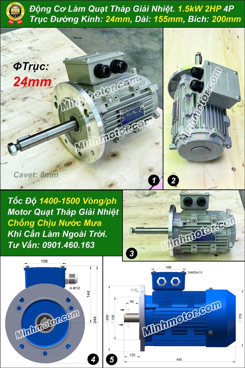 Motor tháp giải nhiệt 1.5kw 1HP 4 pole, 1400 – 1500 RPM (round per minute)