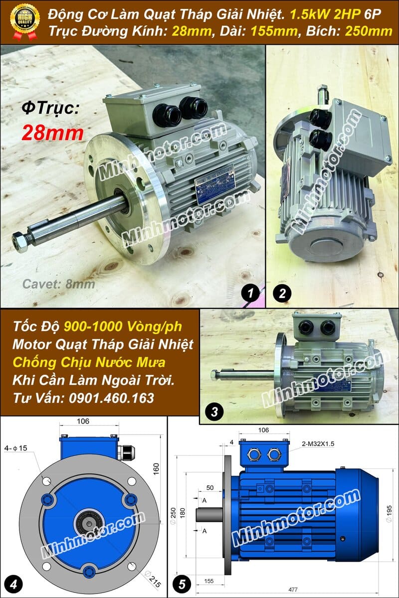 Motor tháp giải nhiệt 1.5kw 1HP 6 pole, 900 – 1000 RPM (round per minute)