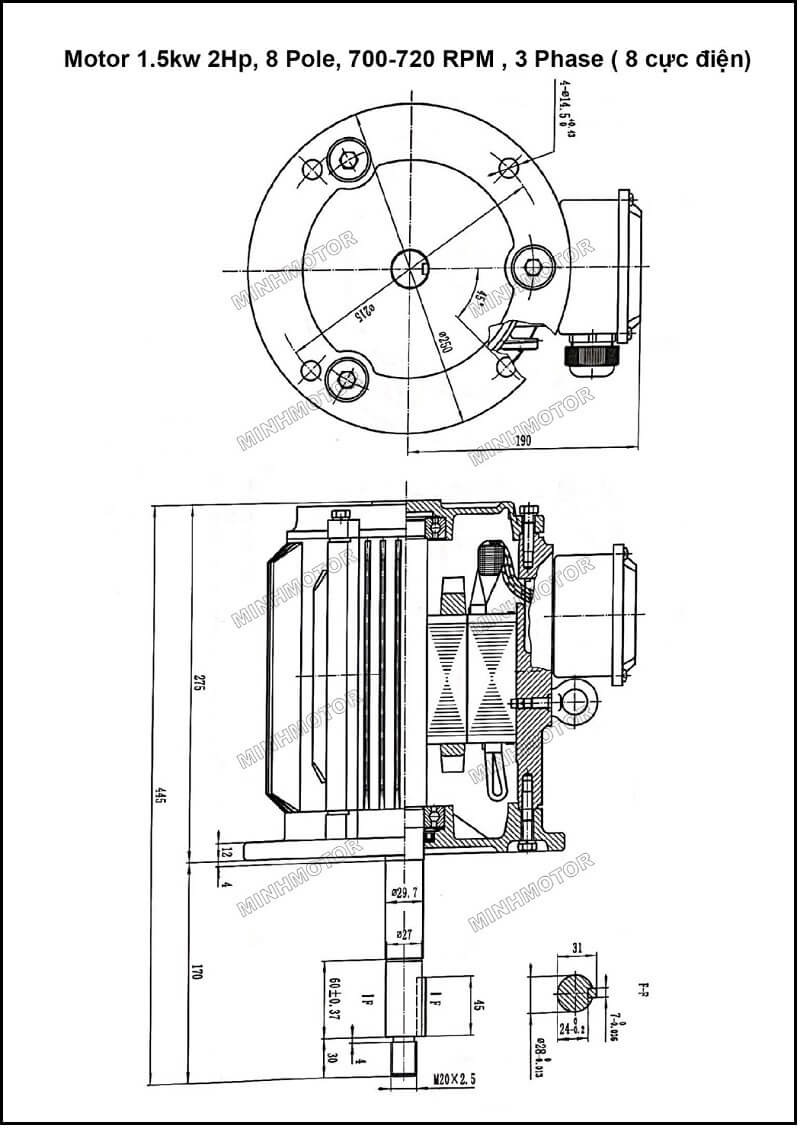 Motor quạt tháp giải nhiệt 2.2 kw 3 HP 8 cực điện, 700 – 730 RPM (round per minute)