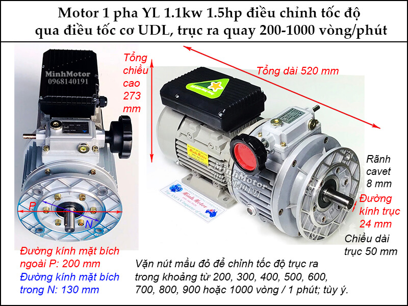 Motor Điều Tốc 1.1Kw 1.5Hp 1 pha 200- 1000 vòng