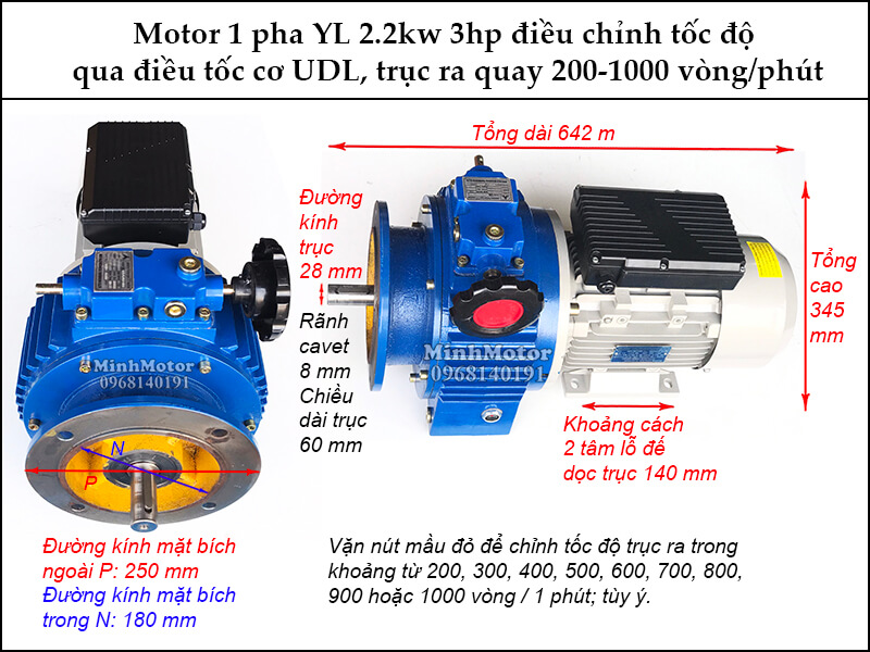 Motor Điều Tốc 2.2Kw 3Hp 1 pha 200- 1000 vòng