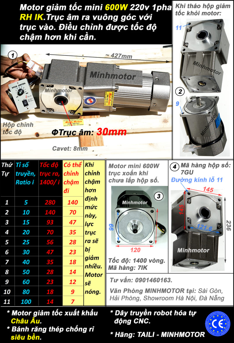 Động cơ 12V 600w trục âm vuông góc RH