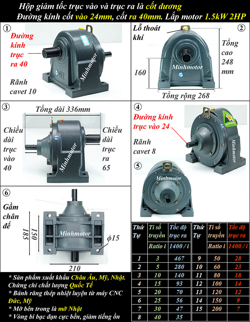 Trục vào 24 mm, trục ra 40 mm