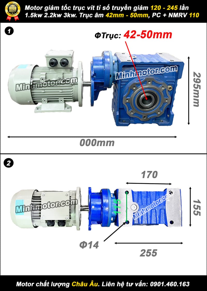 Hộp số NMRV110 PC 2 cấp motor 1.5-2.2-3kw cốt âm