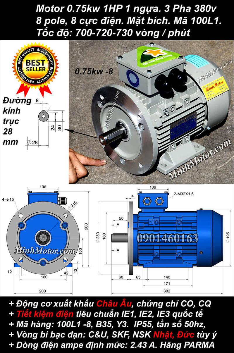 Động cơ điện 1Hp 0.75Kw 8 pole mặt bích