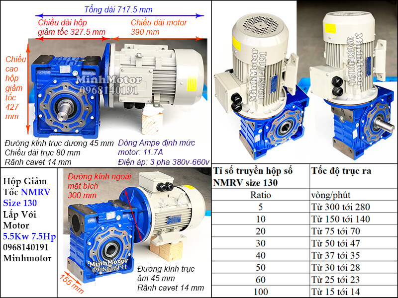 Hộp giảm tốc size 130 lắp với motor 5.5kw 7.5HP