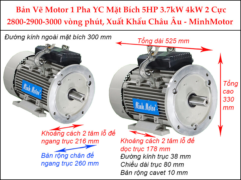 Bản vẽ motor 1 pha YC măt bích 3.7kW 5HP 5 Ngựa 2 cực