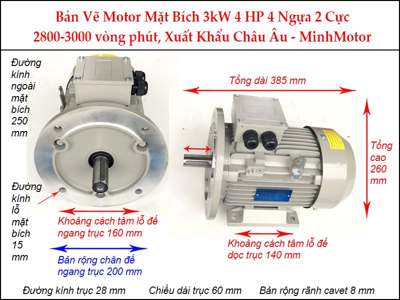 Bản vẽ motor 1 pha YC măt bích 3kW 4HP 4 Ngựa 2 cực