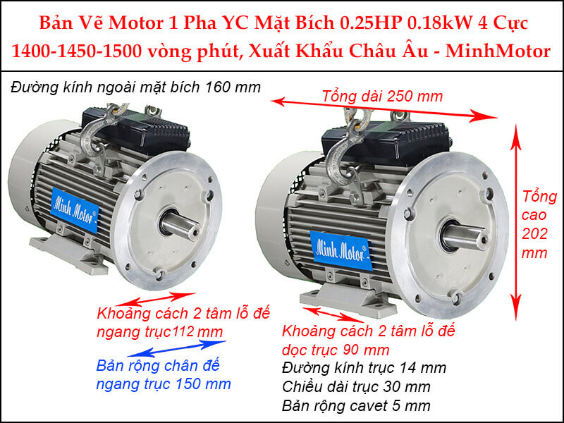 Bản vẽ motor 1 pha YC mặt bích 0.18kW 0.25HP 0.25 Ngựa 4 cực