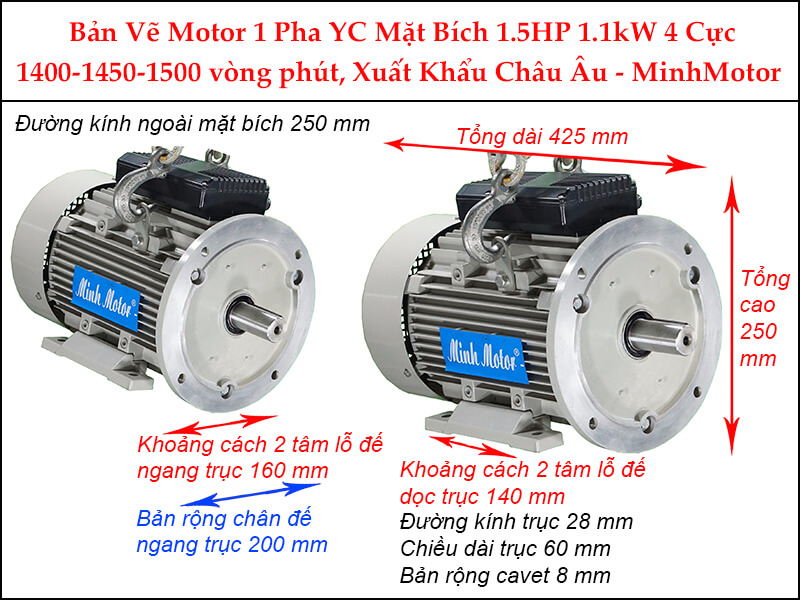Bản vẽ motor 1 pha YC Mặt Bích 1.1kW 1.5HP 1.5 Ngựa 4 cực