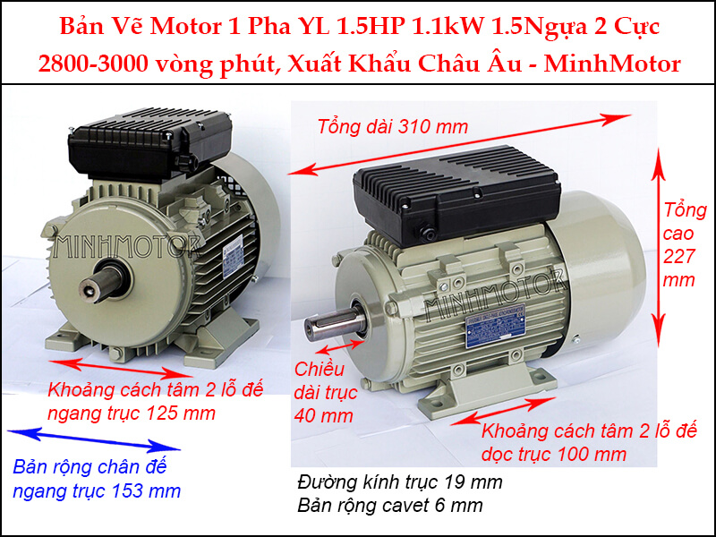 Bản vẽ motor 1 pha YL chân đế 1.1kW 1.5HP 1.5 Ngựa 2 cực
