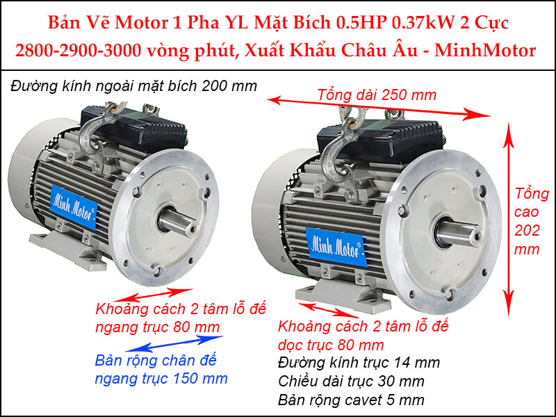 Bản vẽ motor 1 pha YL mặt bích 0.37kW 0.5HP 0.5 Ngựa 2 cực