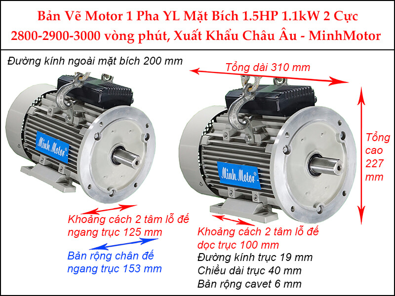 Bản vẽ motor 1 pha YL mặt bích 1.1kW 1.5HP 1.5 Ngựa 2 cực