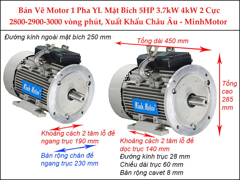 Bản vẽ motor 1 pha YL mặt bích 3.7kW 5HP 5 Ngựa 2 cực