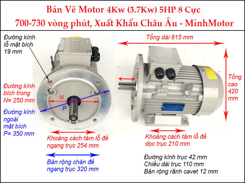 Motor 5Hp 4kw 8pole mặt bích