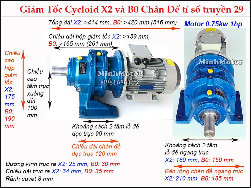 Kích thước motor hộp số cyclo 1HP 0.75kw tỉ số truyền 29